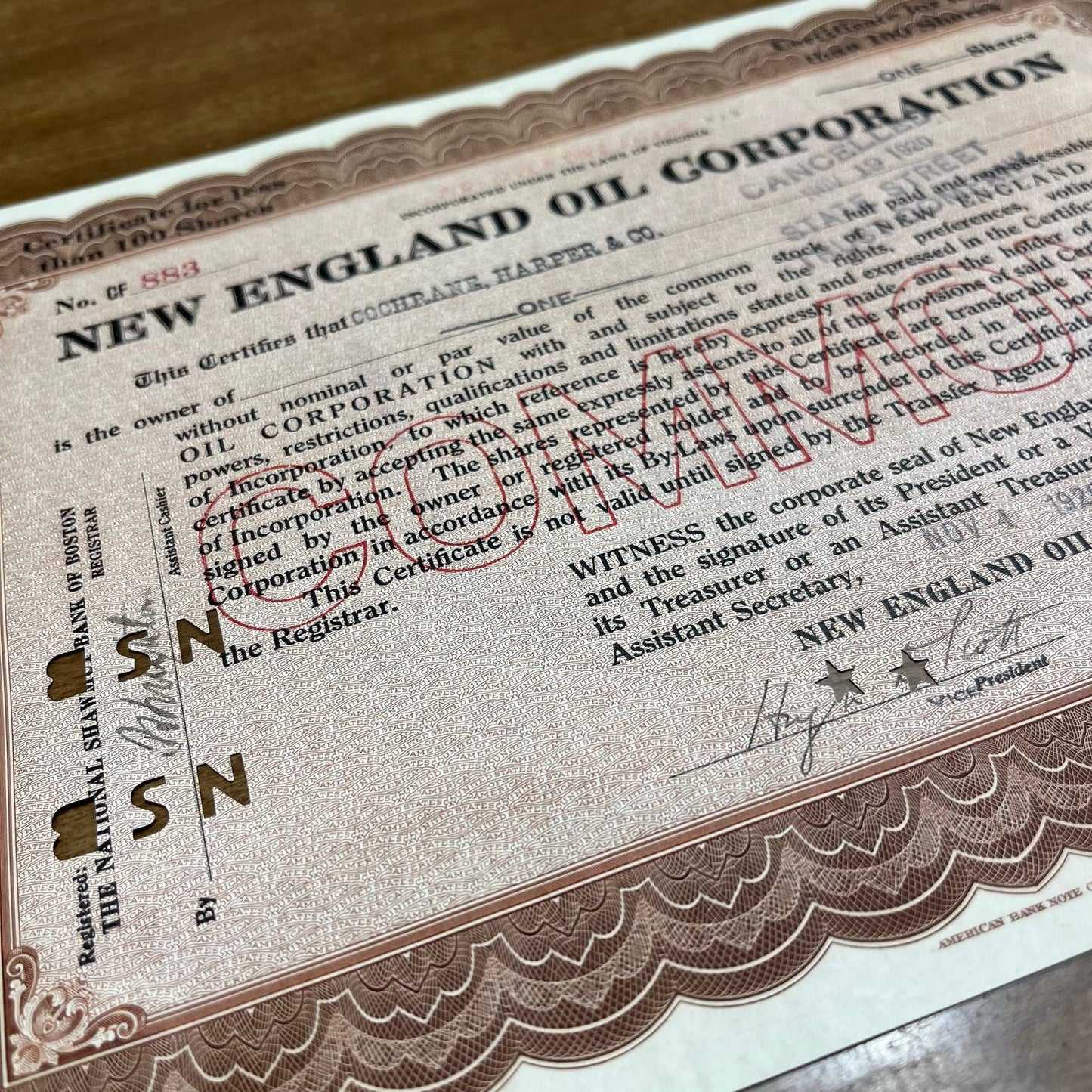 Antique 1920 Stock Certificate New England Oil Corporation Bank of Boston B5