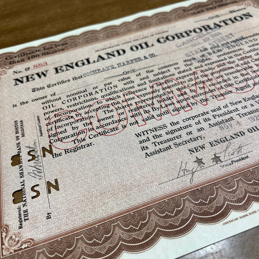 Antique 1920 Stock Certificate New England Oil Corporation Bank of Boston B5