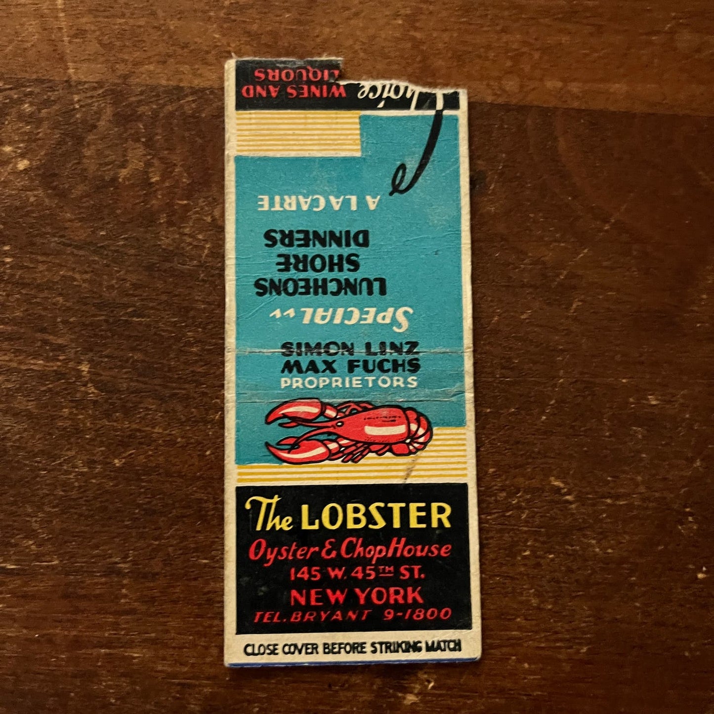 The Lobster Oyster & Chop House New York Advertising Matchbook Cover SB3-M3