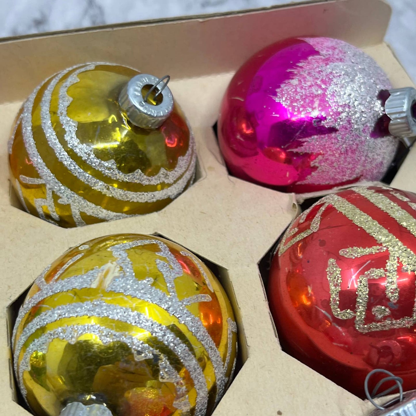 Shiny Brite 12 Vintage 2 1/4" Mercury Glass Ornaments Mica Stencil OT2