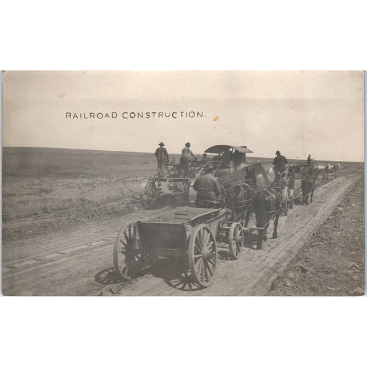 Antique RPPC Postcard Railroad Construction Workers With Horse & Cart SE8
