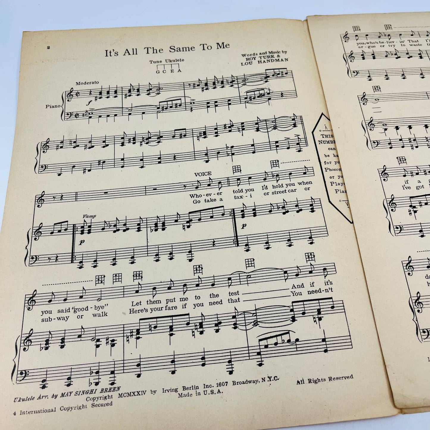 1924 It’s All the Same to Me Roy Turk Lou Handman Irving Berlin Sheet Music