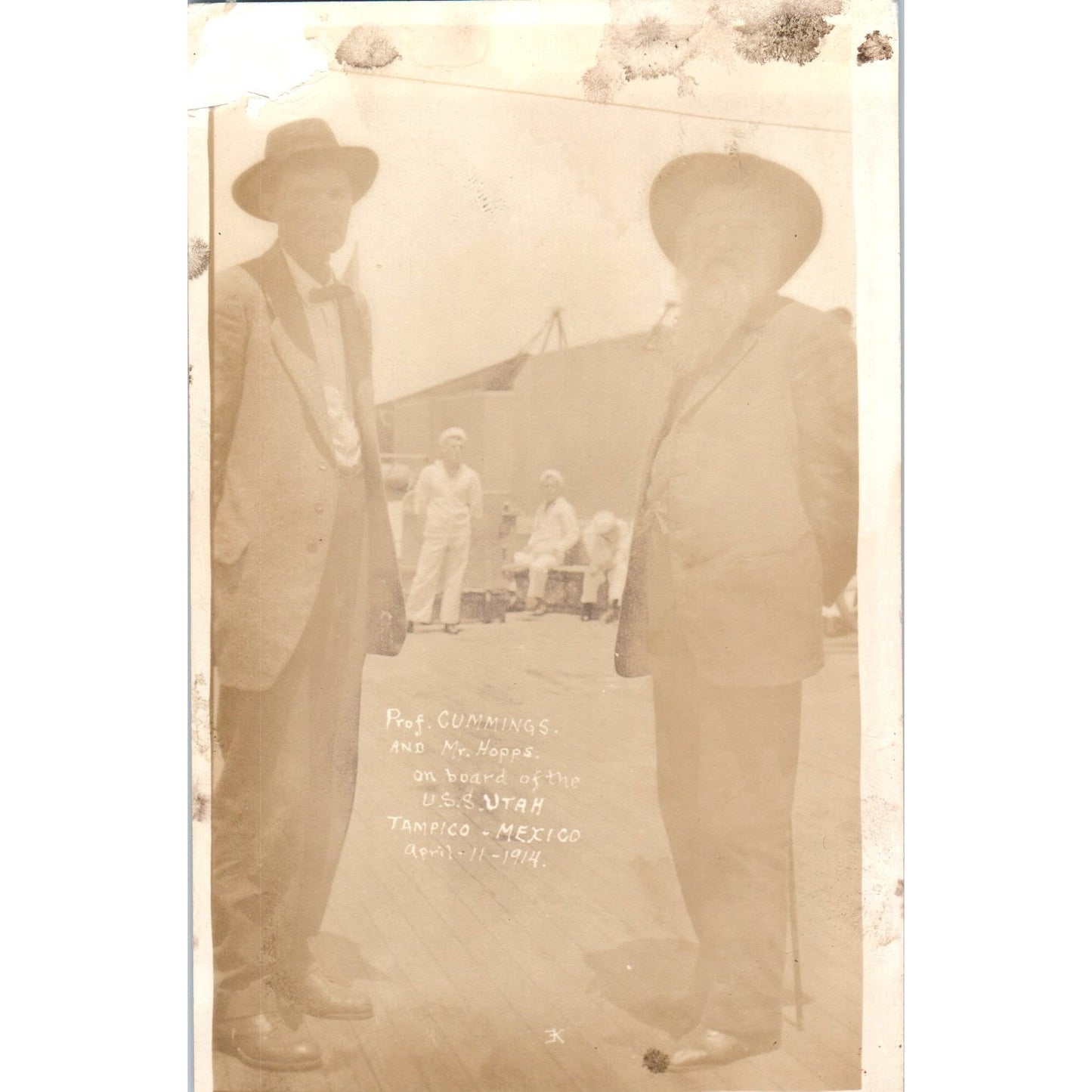 Prof. Cummings & Mr. Hopps Aboard USS Utah Tampico Mexico 1914 Postcard P3-5