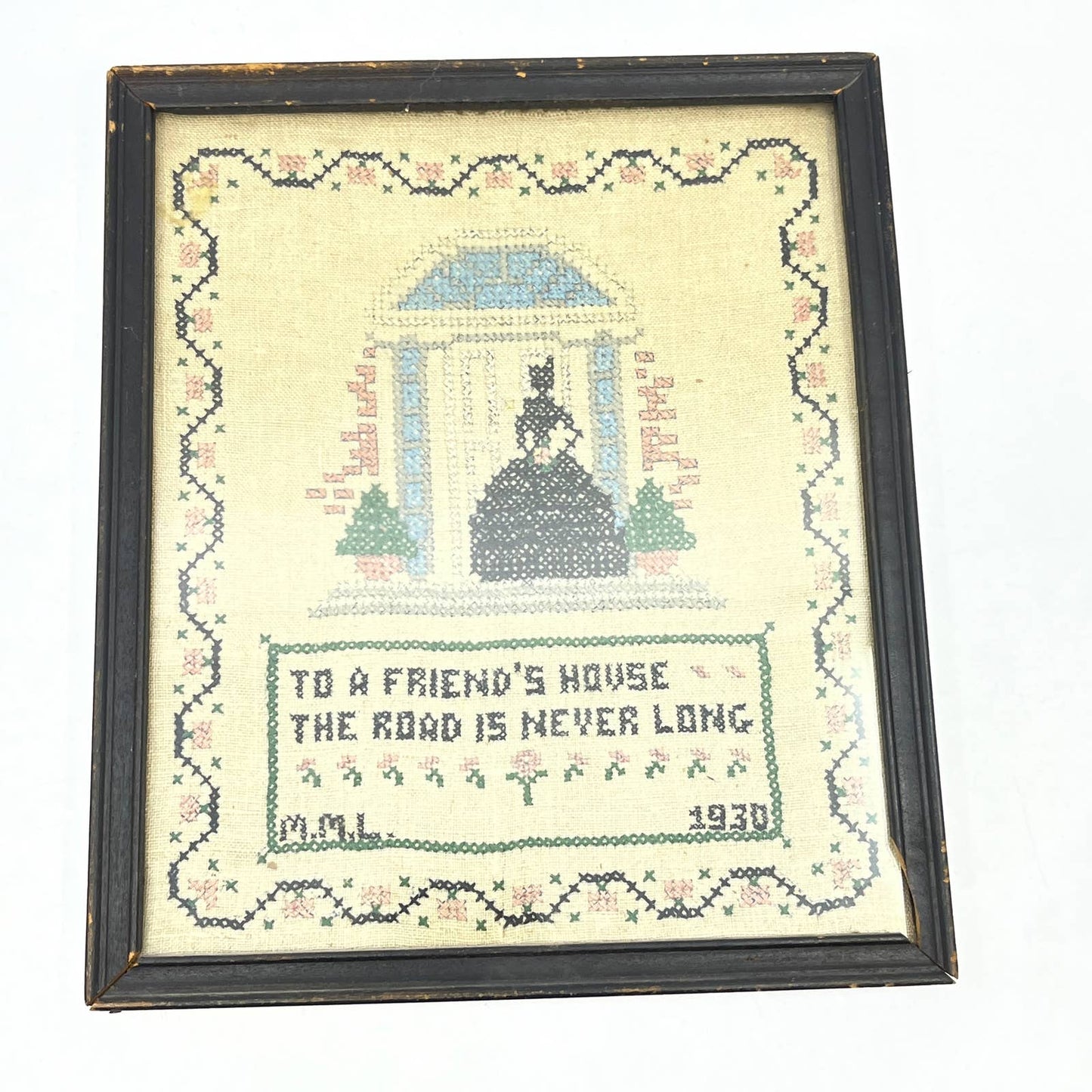 1930 Framed Cross Stitch Sampler To a Friend's House the Road is Never Long TG3