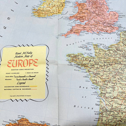 1950s RAND MCNALLY MODERN MAP OF EUROPE Railroads and Occupation Zones D7