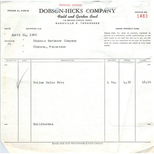 1960 Dobson-Hicks Company Billhead Receipt Field and Garden Seed Dickson TN AD5