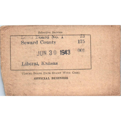 1943 WWII Selective Service Draft Card Liberal KS Omas Alfred Strickert SE4