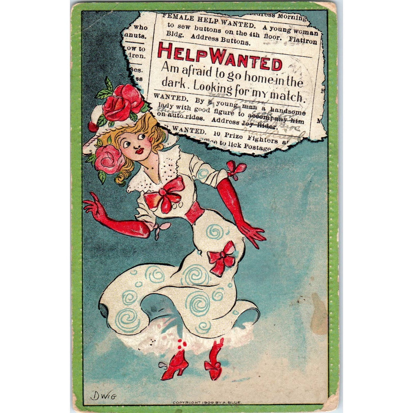 Help Wanted Afraid of Dark Dwig Cartoon 1911 Original Postcard TK1-24
