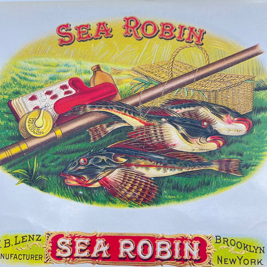 Original Antique SEA ROBIN - Inner CIGAR LABEL - FISH - Fishing Rod / Basket AA8