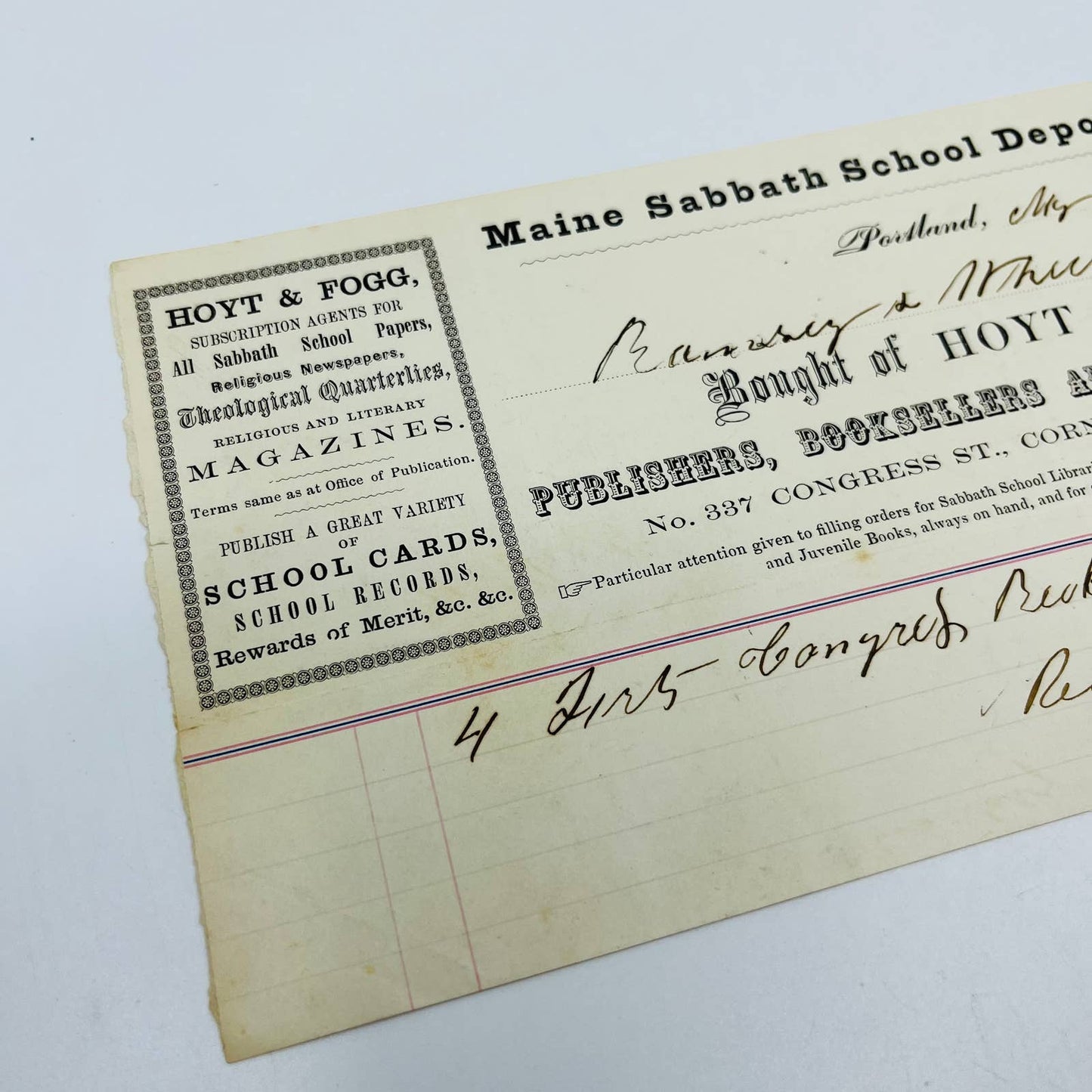 1867 Hoyt & Fogg Falmouth Hotel Stamp Portland ME Billhead Letterhead AA4