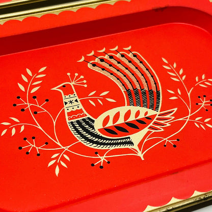 MCM Vintage Red Pink Peacock Metal Bird Cocktail Tray 7x5” Set of 4 TA9