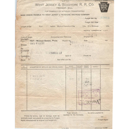 1914 West Jersey & Seashore R.R. Co. Freight Bill New Jersey Philadelphia AD8