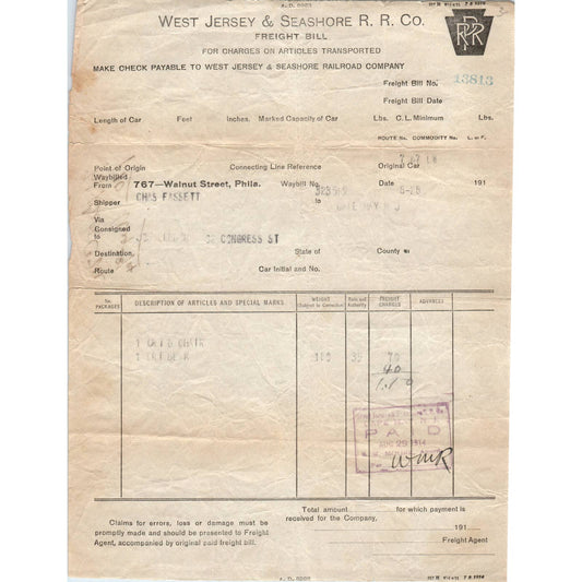 1914 West Jersey & Seashore R.R. Co. Freight Bill New Jersey Philadelphia AD8