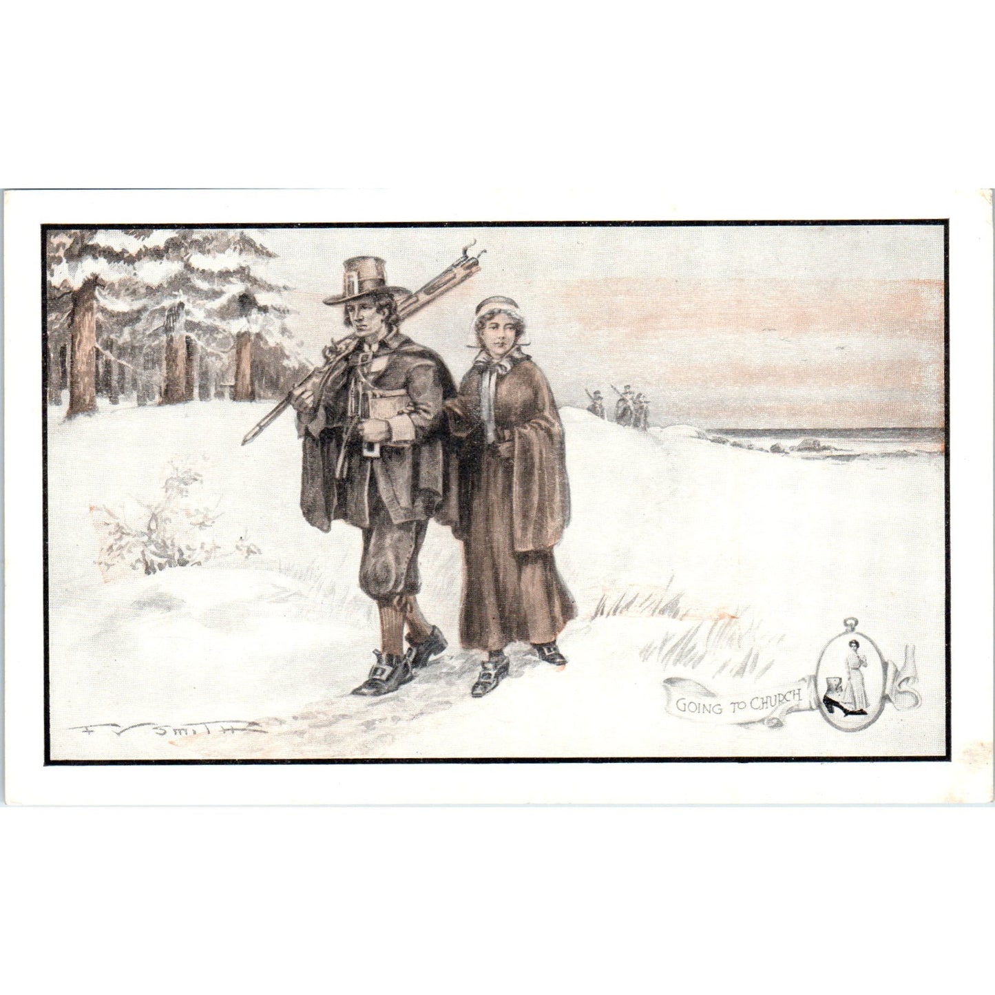 Walk-Over Shoes Going to Church Pilgrims c1910 Advertising Postcard P1-14