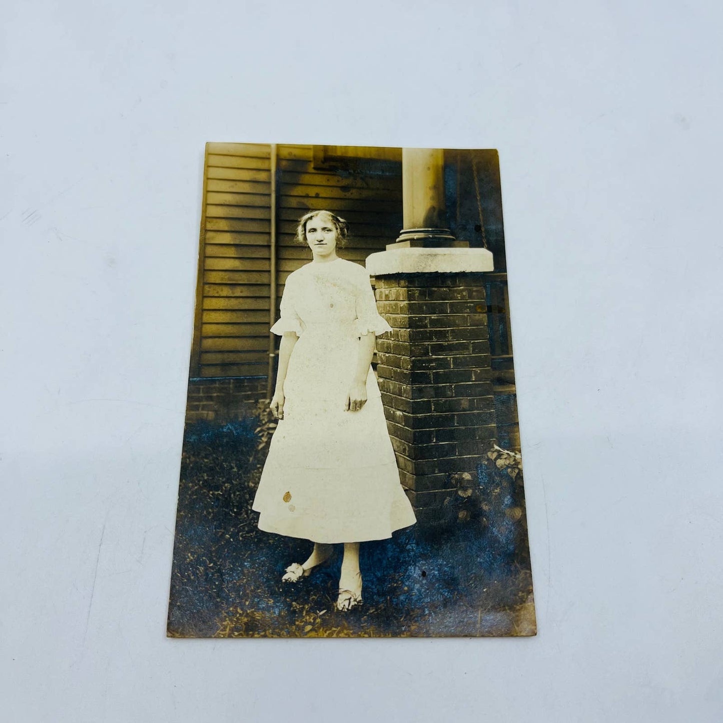 Early 1900s RPPC Portrait Young Lady Poses in White Dress PA9