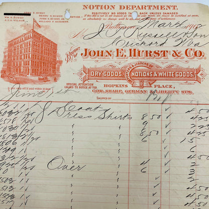 1902 John E. Hurst & Co. Dry Goods Baltimore MD Billhead Letterhead Receipt AA4