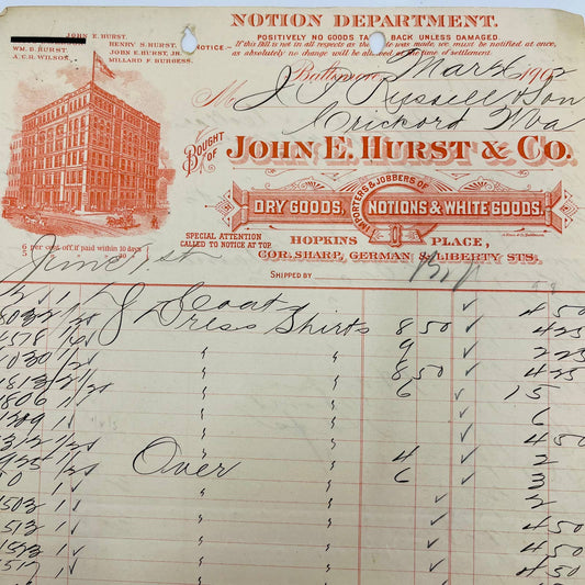 1902 John E. Hurst & Co. Dry Goods Baltimore MD Billhead Letterhead Receipt AA4