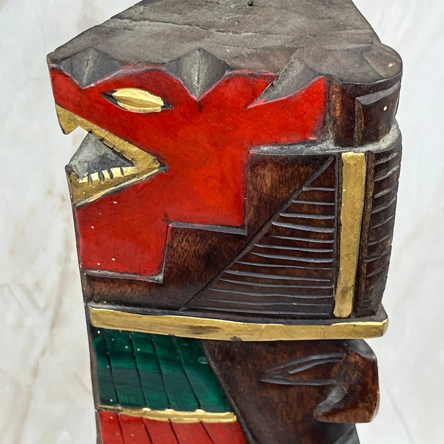 Hand Carved Hand Painted Wooden Aztec Mayan Totem Pole Sculpture 14” TI7