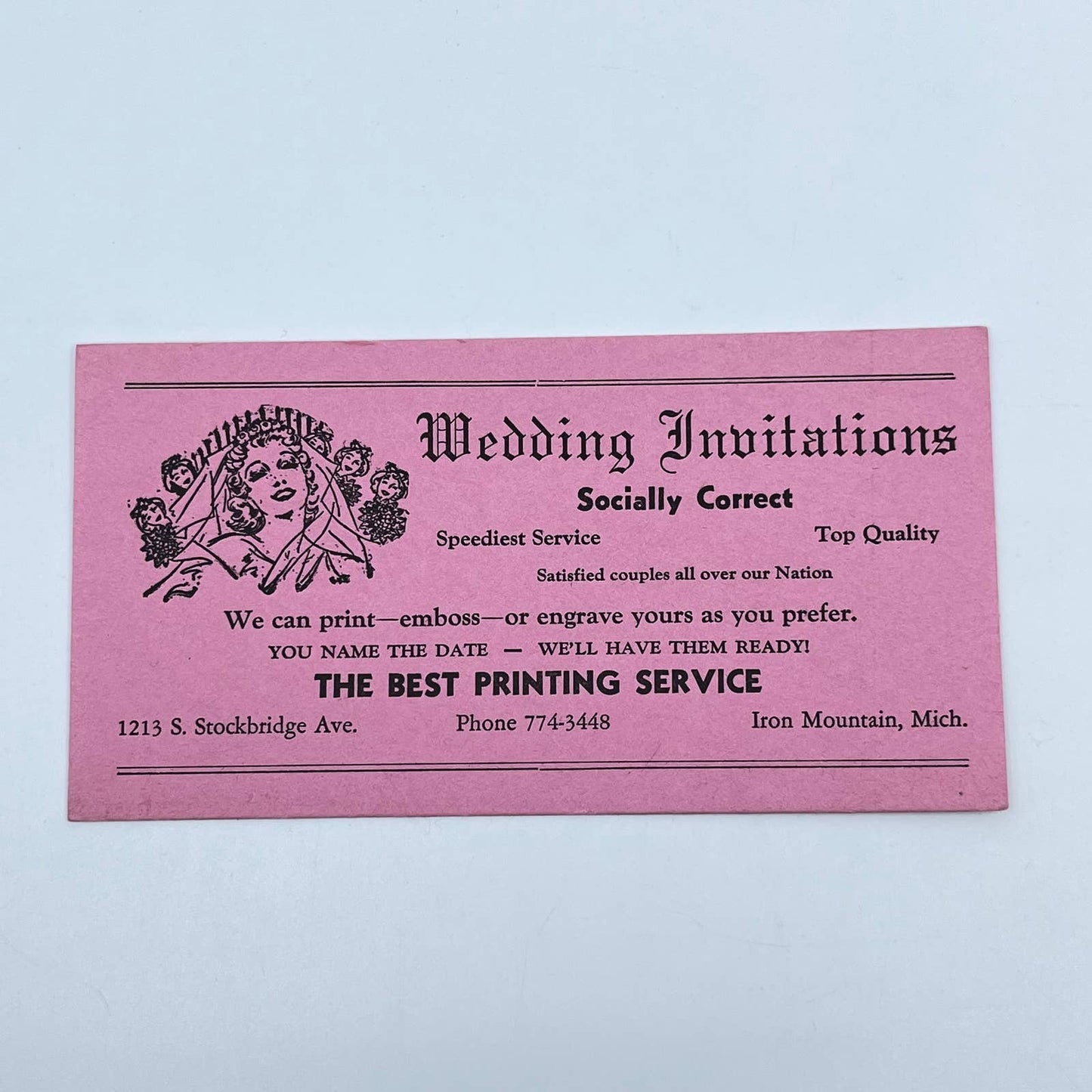 1930s Blotter Card Wedding Invitation Best Printing Service Iron Mountain MI SC8