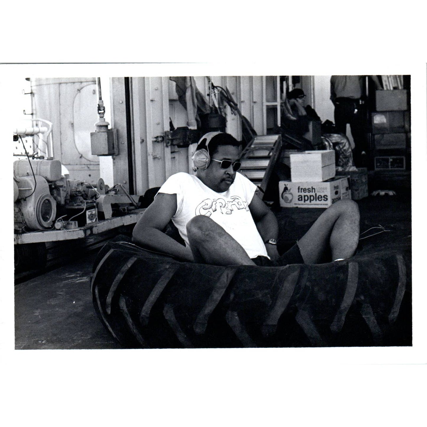 c1970 Photograph African American Navy Corpsman in Giant Tire on Ship 5x7 AD6