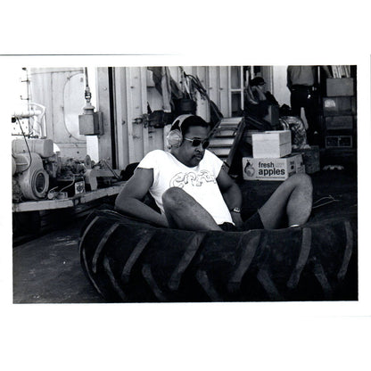 c1970 Photograph African American Navy Corpsman in Giant Tire on Ship 5x7 AD6