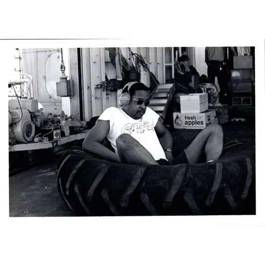 c1970 Photograph African American Navy Corpsman in Giant Tire on Ship 5x7 AD6