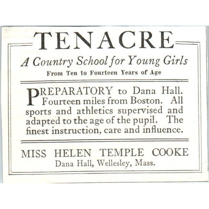 Tenacre Country School Helen Temple Cooke Wellesley MA - 1921 Original Ad TJ7-S7