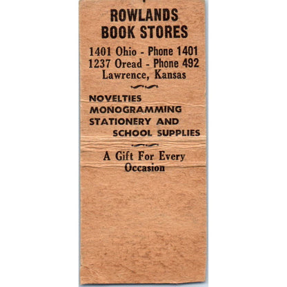 Rowlands Book Stores Lawrence Kansas Advertising Matchbook Cover SA9-M1