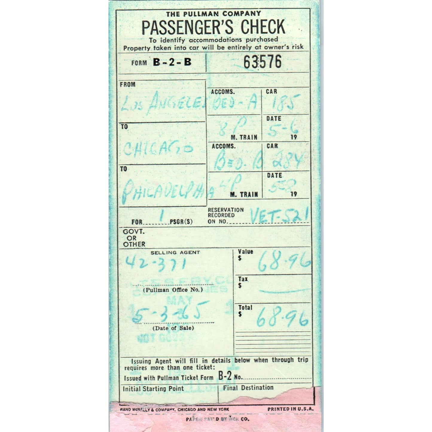 1965 The Pullman Company Passenger's Check Los Angeles Chicago Philadelphia SE8