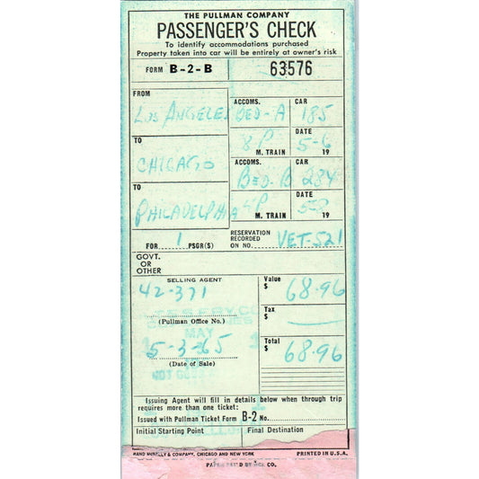 1965 The Pullman Company Passengers Check Los Angeles Chicago Philadelphia AK3-6