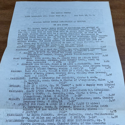 RARE 1950s Price List - The Record Hunter New York City Lexington Ave 81st H4-4