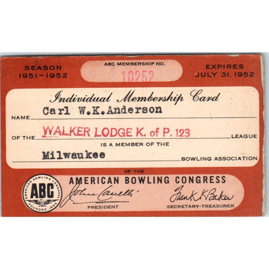 1951 American Bowling Congress Milwaukee Membership Walker Lodge K of P SE5-40