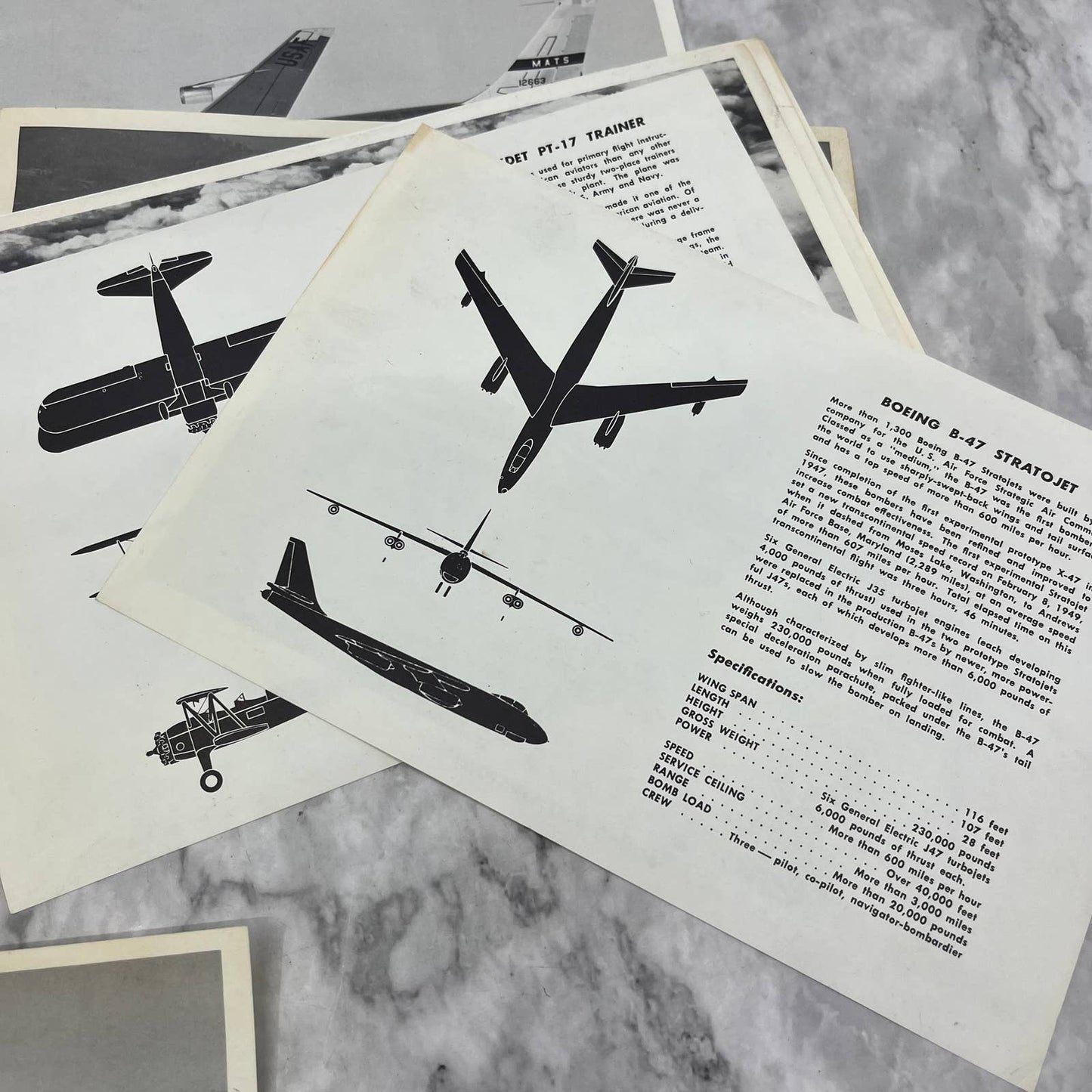 Mid Century Collection of 13 Boeing Aviation Aircraft Photo Data Sheets TK1