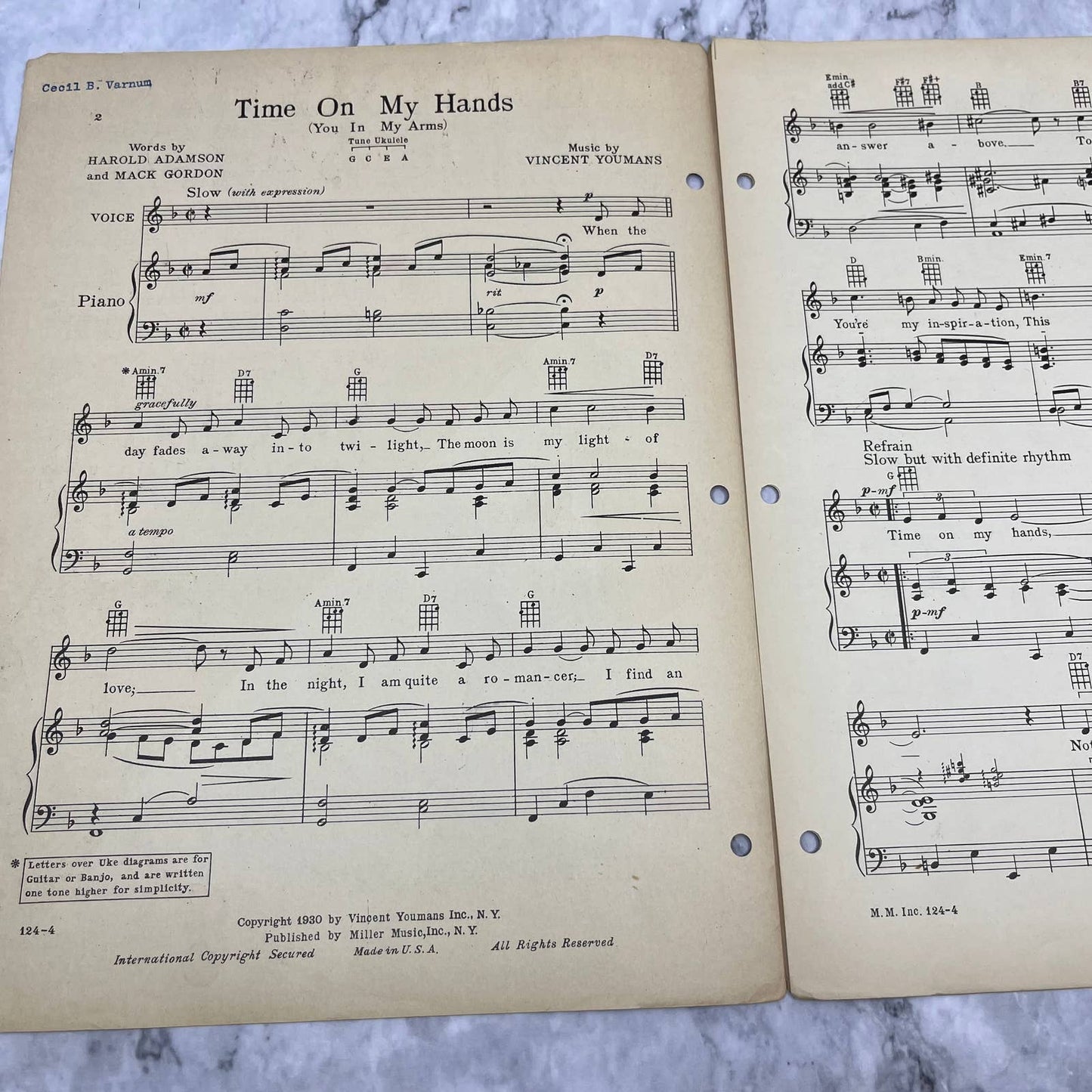 TIME ON MY HANDS (You in my Arms) 1930 Sheet Music Vincent Youmans TI1