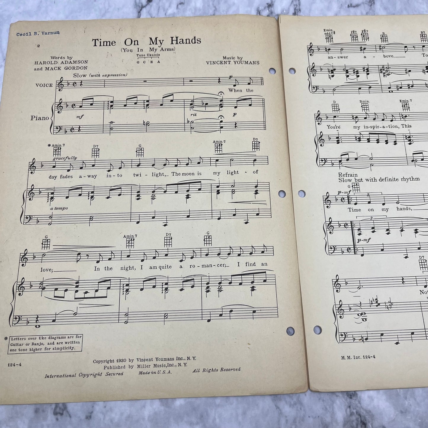 TIME ON MY HANDS (You in my Arms) 1930 Sheet Music Vincent Youmans V39-4