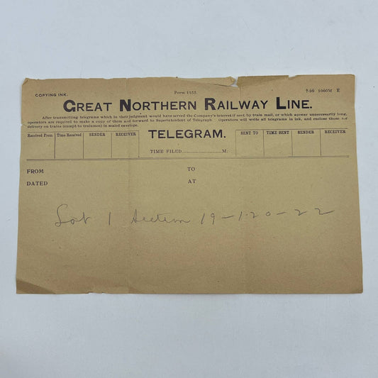 1899 Great Northern Railway Line Telegram Form AB7