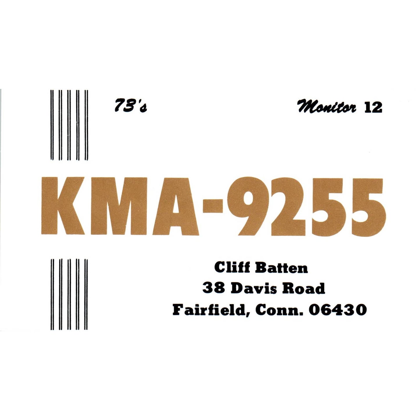 Vintage QSL Ham Radio Card Cliff Batten Fairfield Connecticut SE5