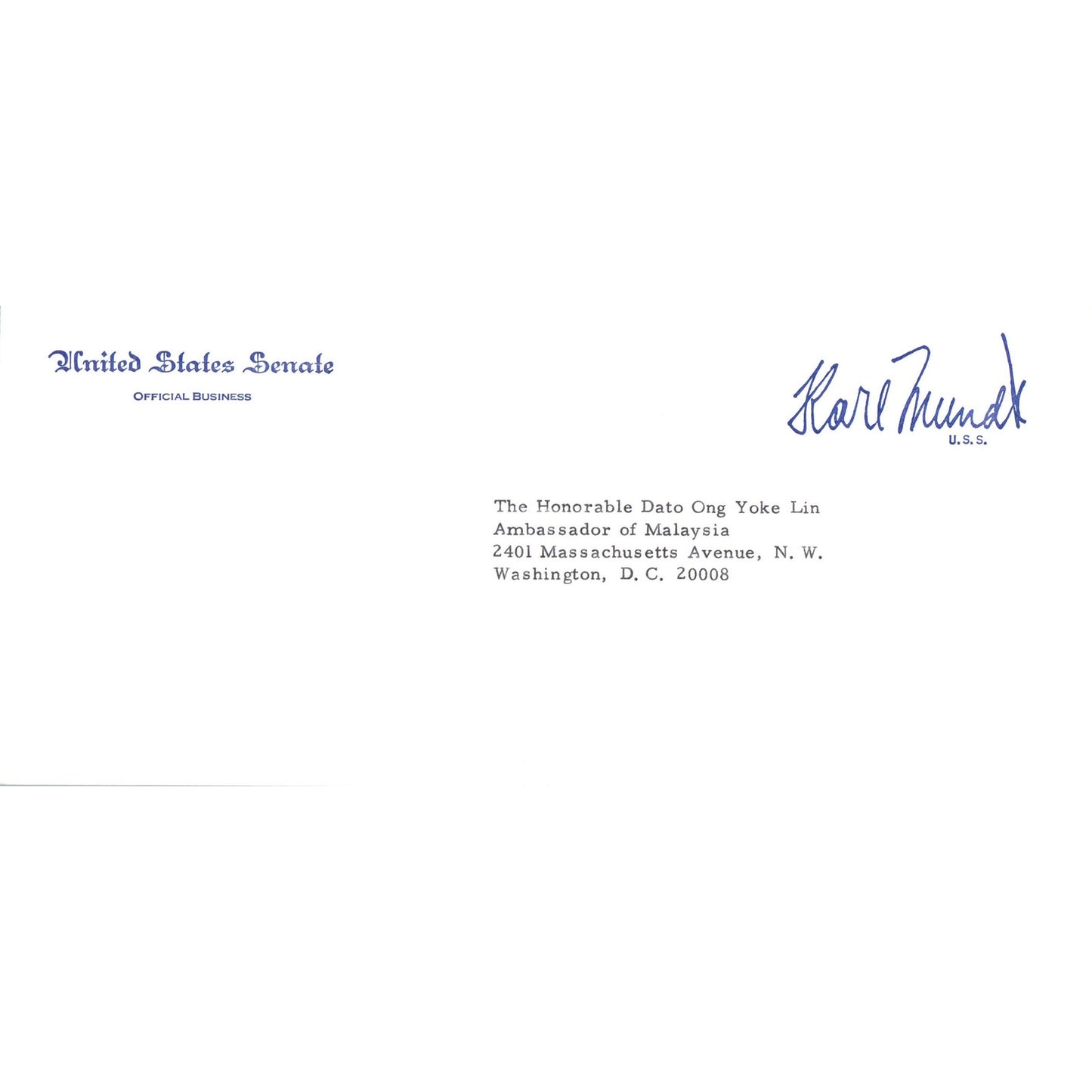 South Dakota Senator Karl Mundt Official Envelope to Malaysia Ambassador B11