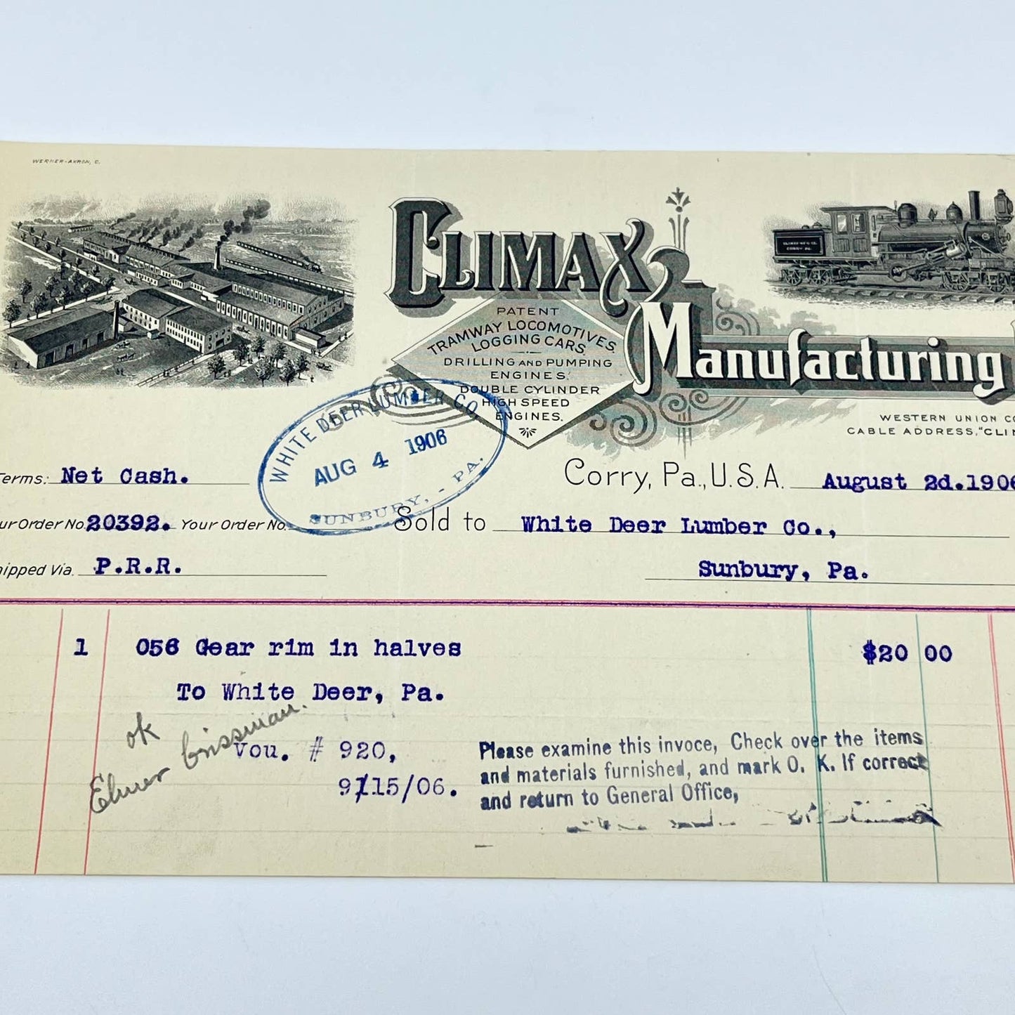 1906 Climax Manufacturing Co. Trainway Locomotive Letterhead Corry PA x2 AB2-2