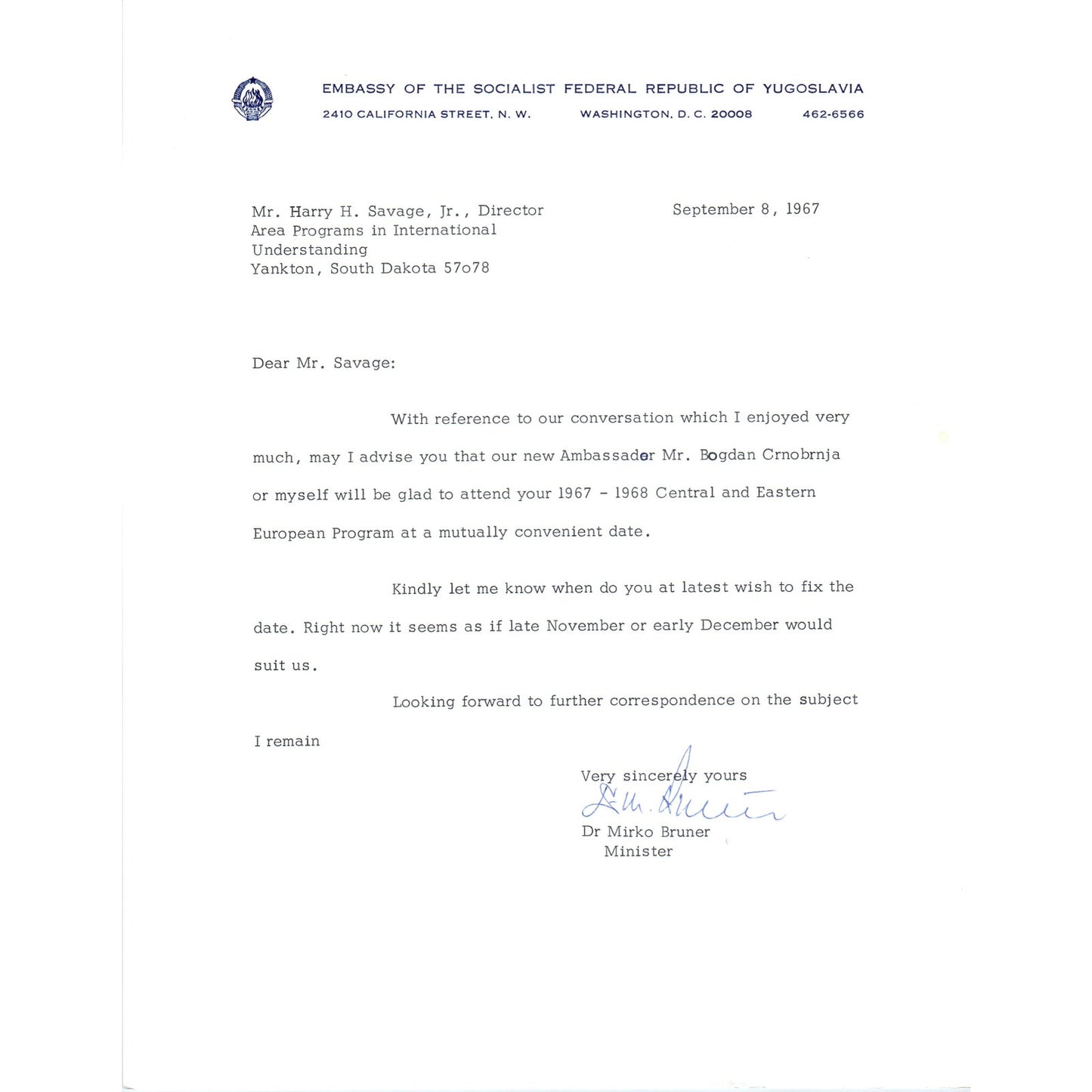 Embassy of Socialist Federalist Republic of Yugoslavia Letterhead 9/8/67 B13