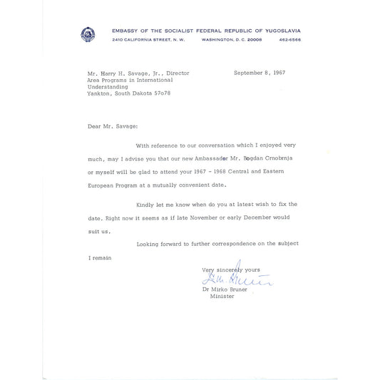 Embassy of Socialist Federalist Republic of Yugoslavia Letterhead 9/8/67 B13