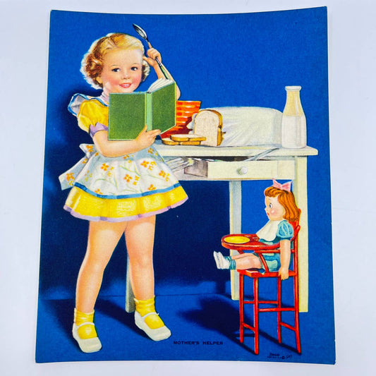 1940s Lithograph MOTHER’S HELPER Girl With Baby Doll Bread & Milk 5x6” AA8