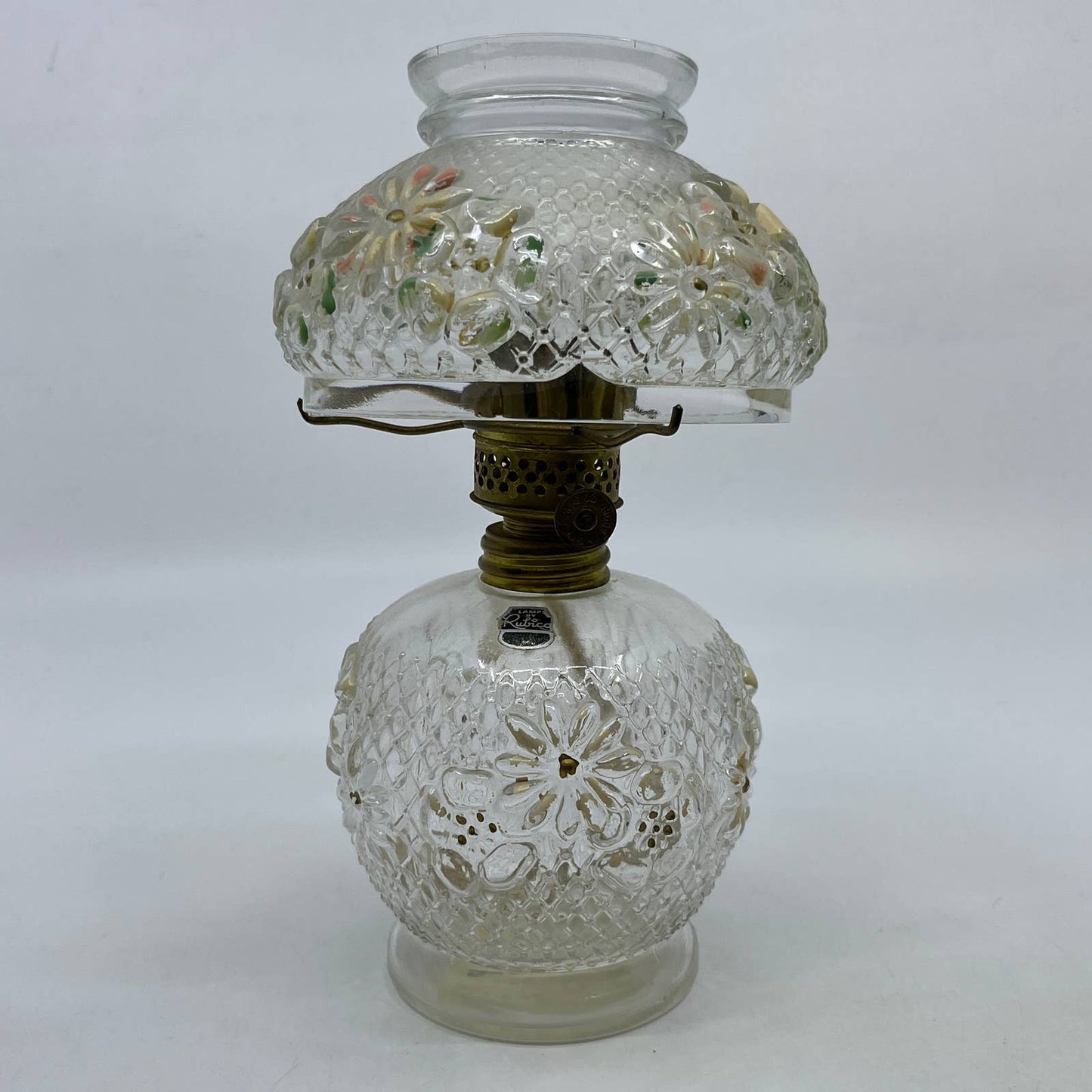 Antique Rubicon Oil Lamp Hand Painted Clear Daisy 8" Matching Shade TI2