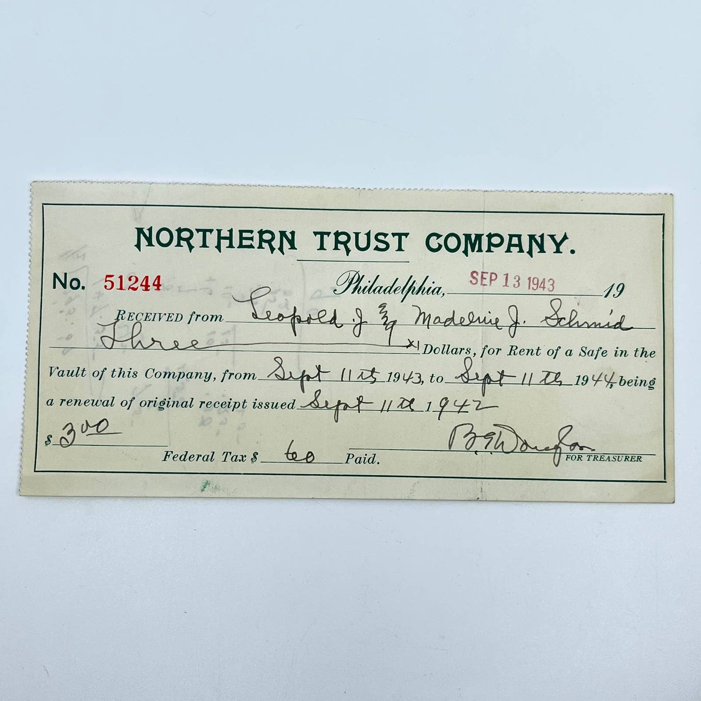 1943 The Northern Trust Company Receipt Philadelphia PA Leopold Schmidt D7