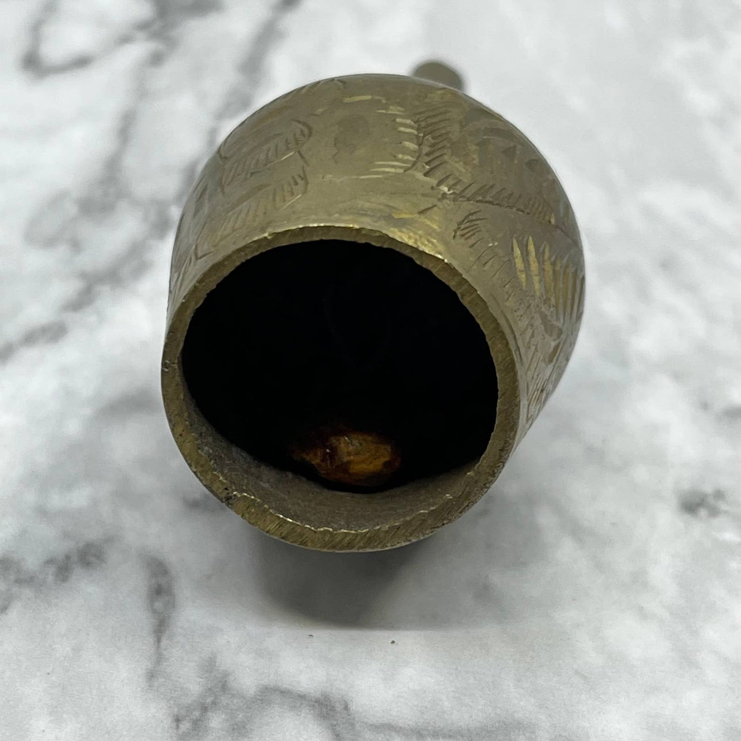 Vintage Etched Long Handle Brass Bell of Sarna 3.5" India SA2