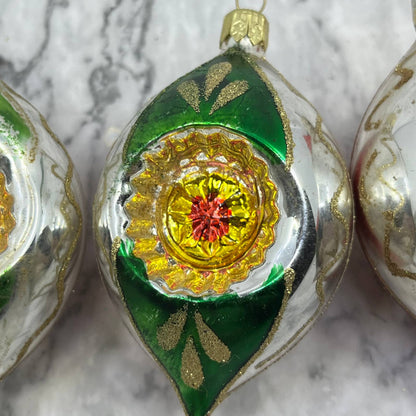 Lot of 3 Vtg Recessed Teardrop Mica Stencil Blown Mercury Glass Ornaments OT2