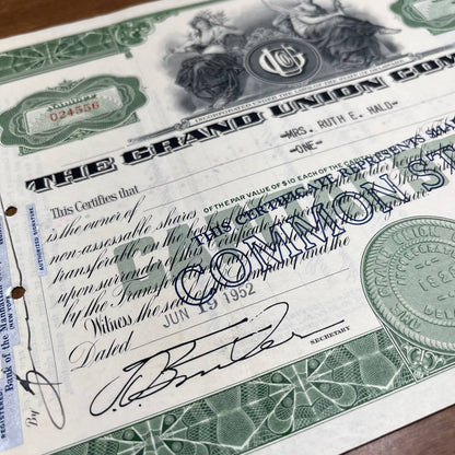Antique 1952 Stock Certificate The Grand Union Company New York NY B5