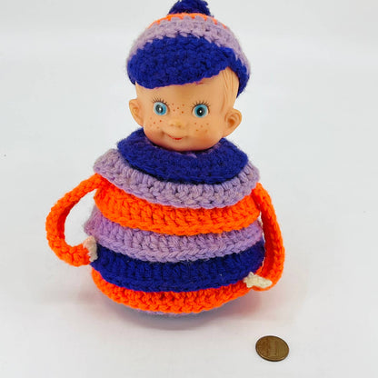 1960s Crocheted Creepy Google Eye Doll Oddity w/ Removable Hat 6” TD2