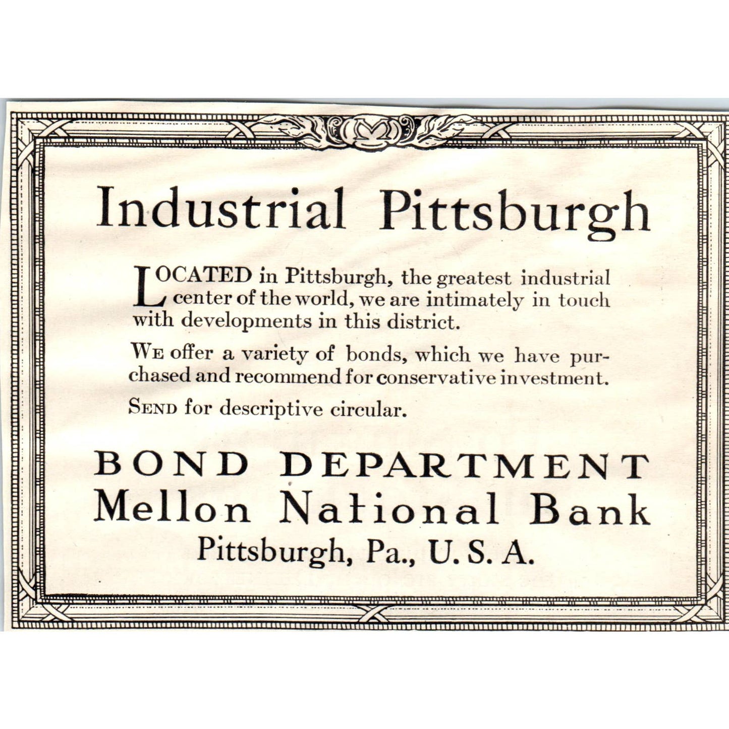 c1920 Harper's Ad - Industrial Pittsburgh Bond Department Mellon Bank EA3