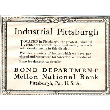 c1920 Harper's Ad - Industrial Pittsburgh Bond Department Mellon Bank EA3